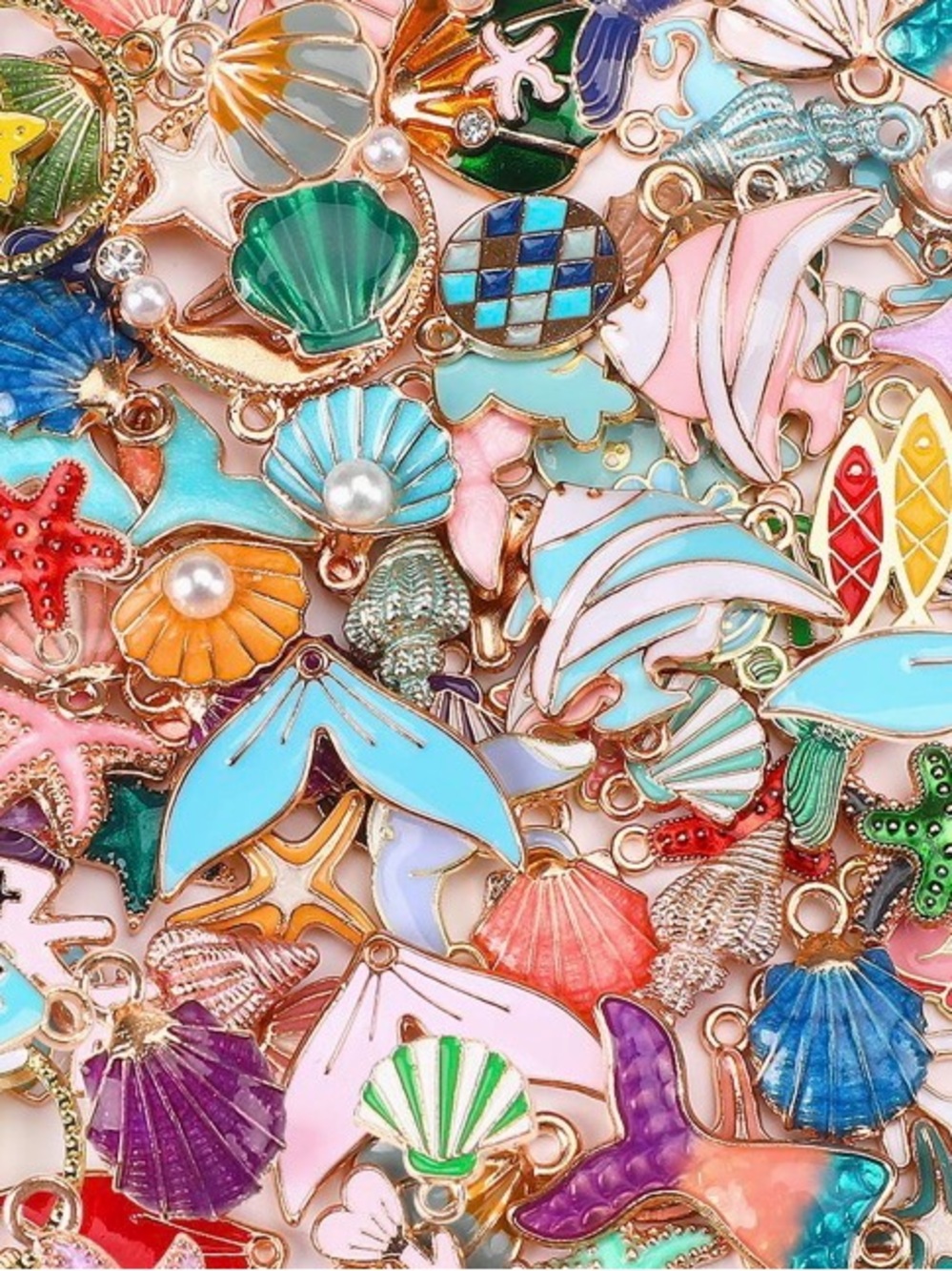 12 Mixed Ocean Beach Enamel Jewelry Charms - Colorful Seashell & Fish Pendants